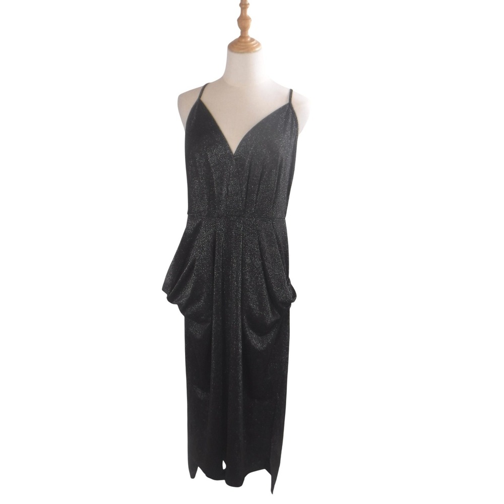 BCGeneration Women L Blk Metallic Shimmer Maxi Dress Draped Pockets Keyhole Back